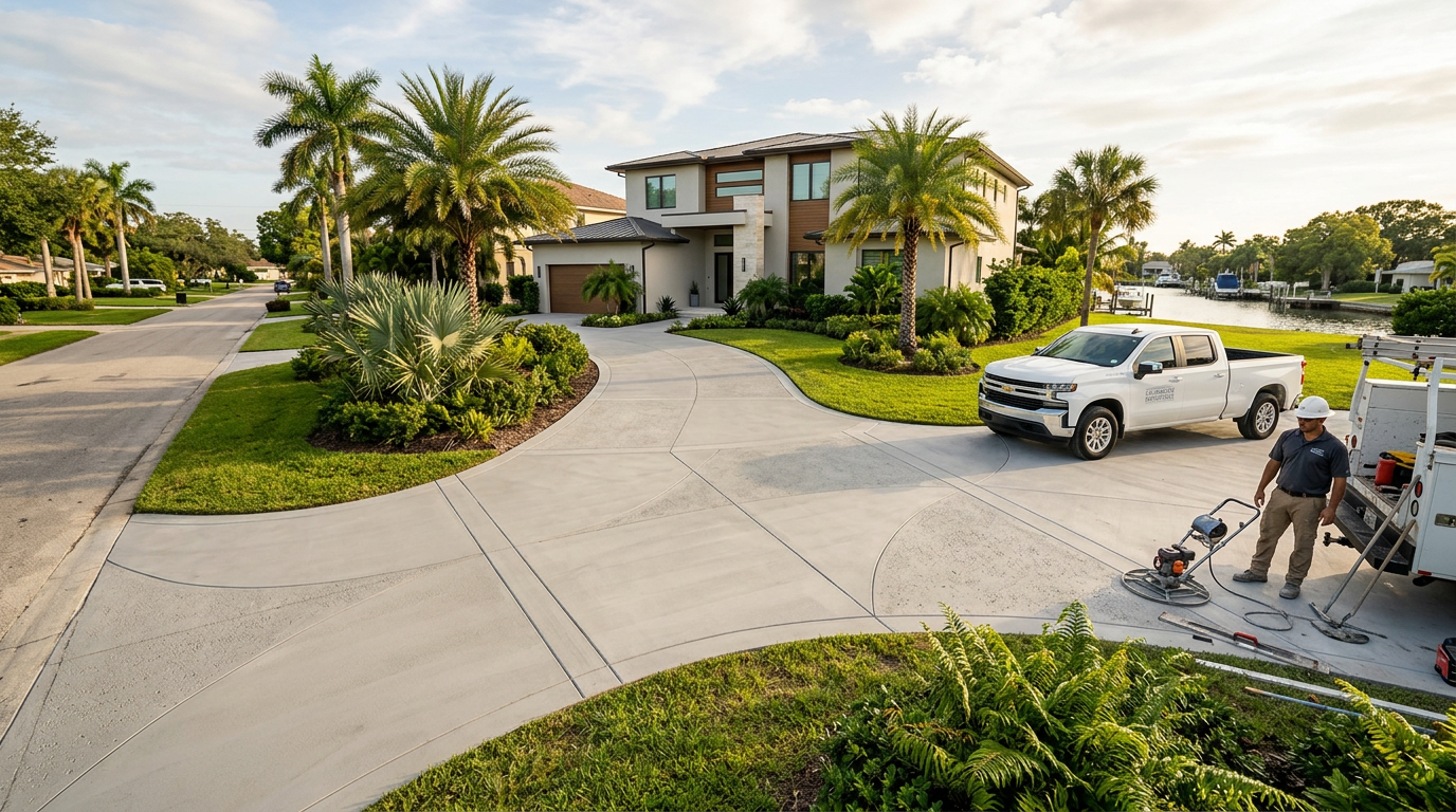 A freshly poured light gray concrete driveway leading to a modern home with manicured green lawns and palm trees