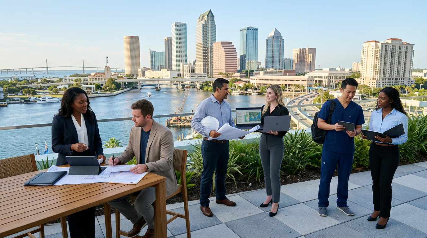 Diverse professionals collaborating around a polished wooden table in a bright, modern glass office space