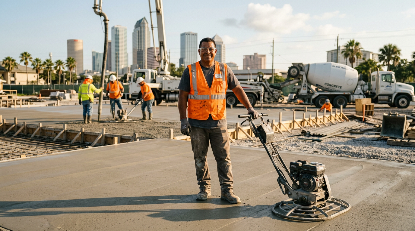 A professional concrete worker smoothing wet cement on a sunlit residential driveway