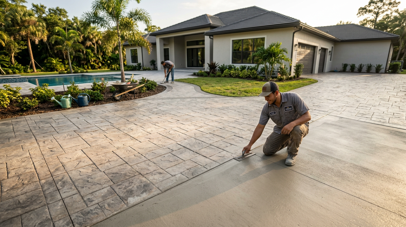 A sun-drenched modern house featuring a smooth concrete driveway and manicured tropical landscaping in Tampa