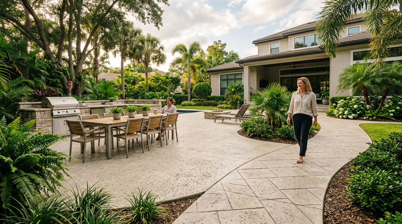 An overhead view of a modern gray stone paver patio and walkway bordering a lush green lawn in a suburban backyard