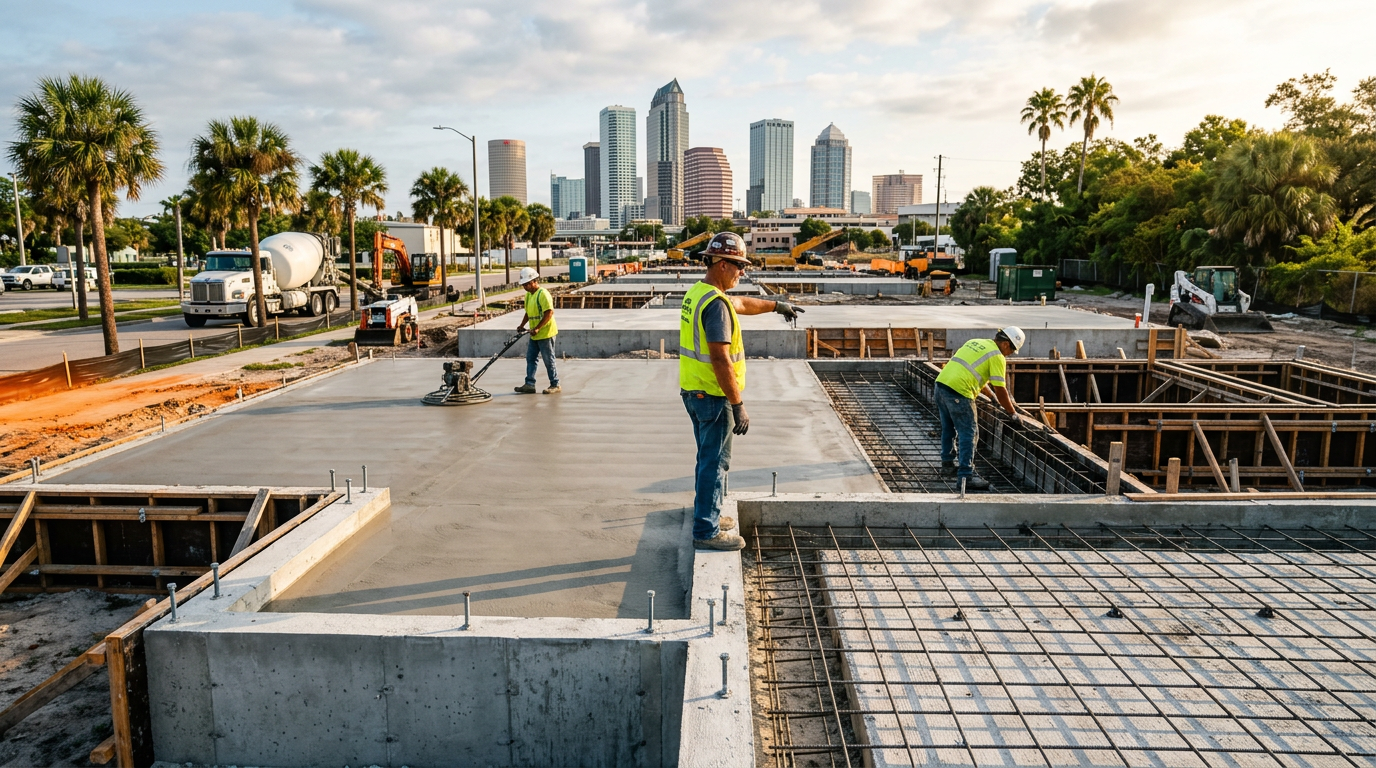 A construction crew pouring and smoothing a concrete house foundation on a sunny Florida construction site