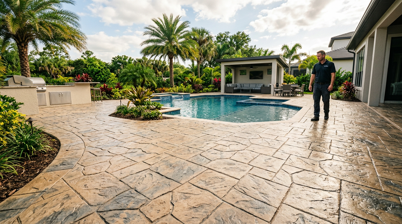 A sunlit residential driveway featuring professionally installed decorative stamped concrete in a flagstone pattern