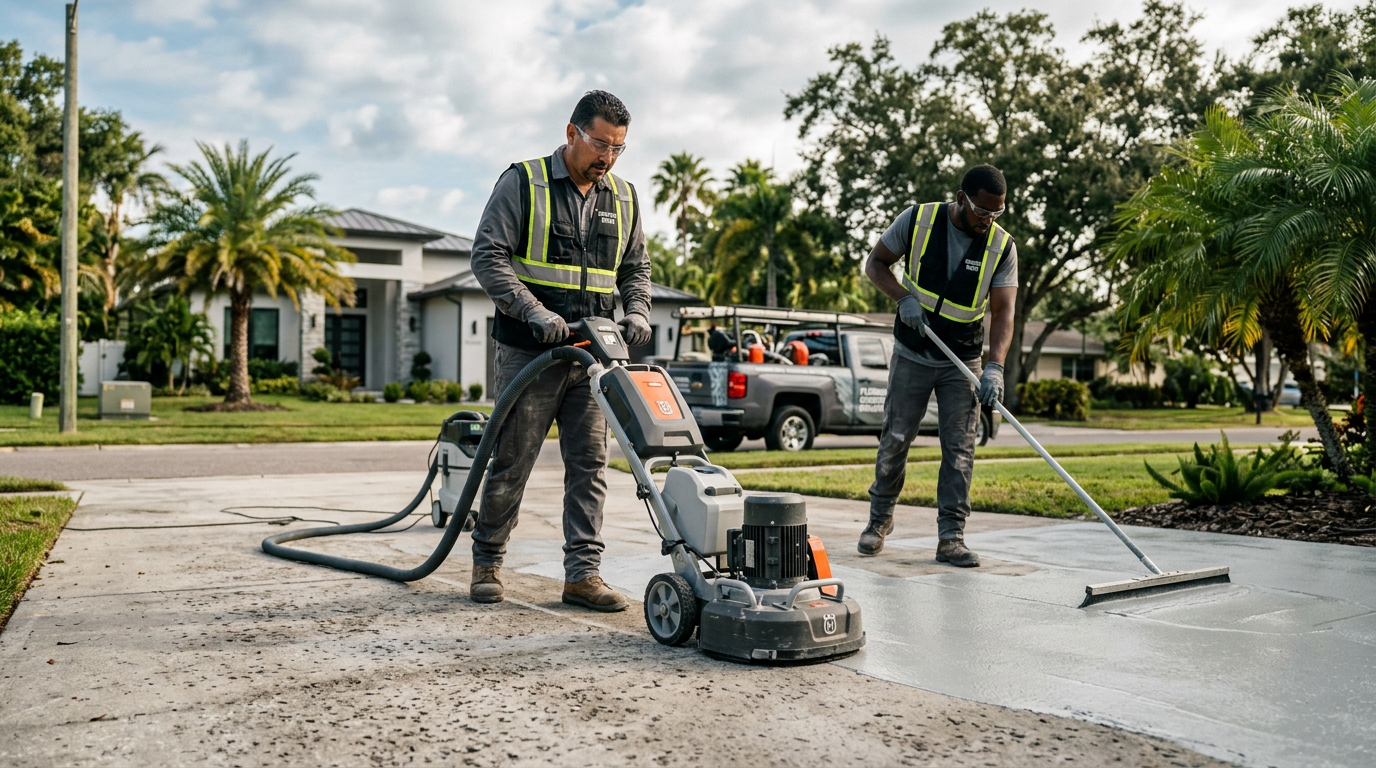 Close-up of a smooth, newly resurfaced concrete driveway reflecting bright sunlight in front of a modern Tampa home