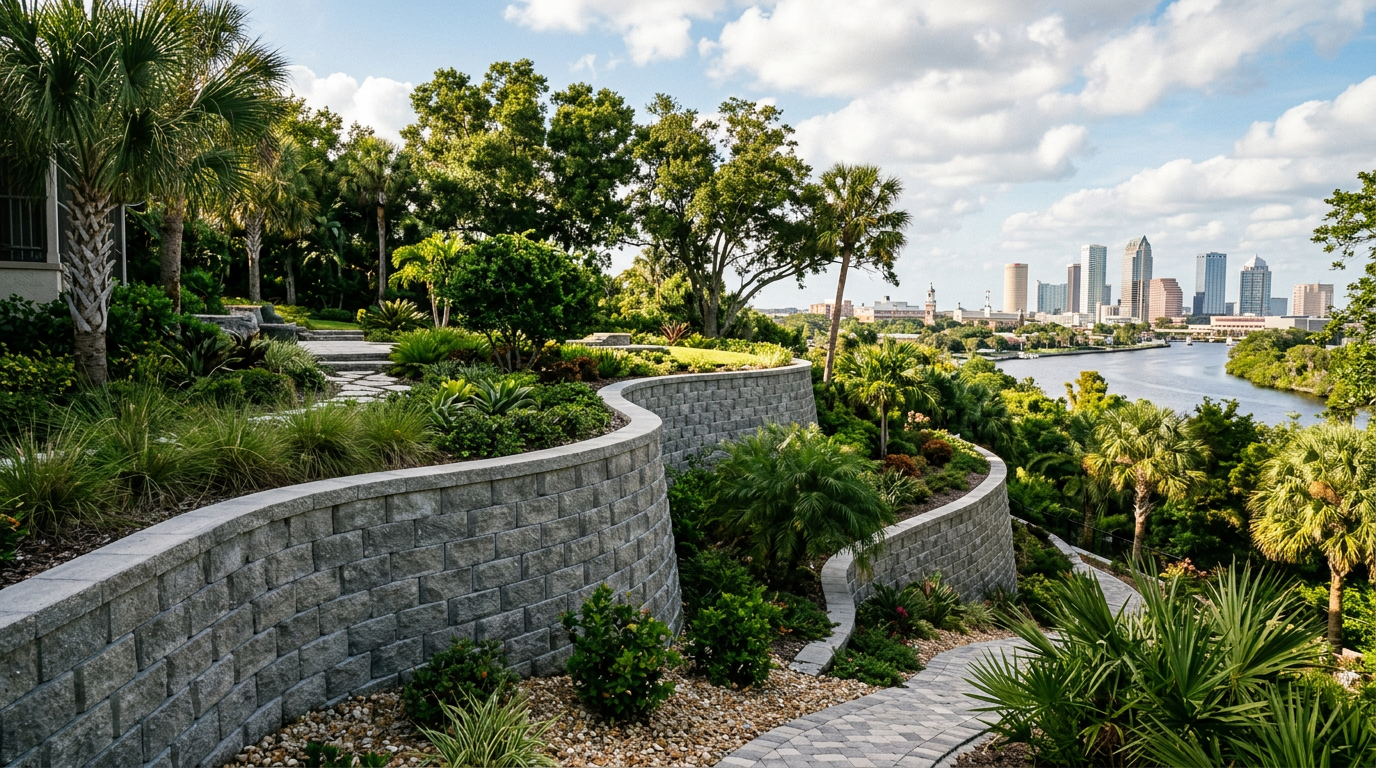 Sandstone block retaining wall bordering a lush green lawn and tropical landscaping under a clear Florida sky
