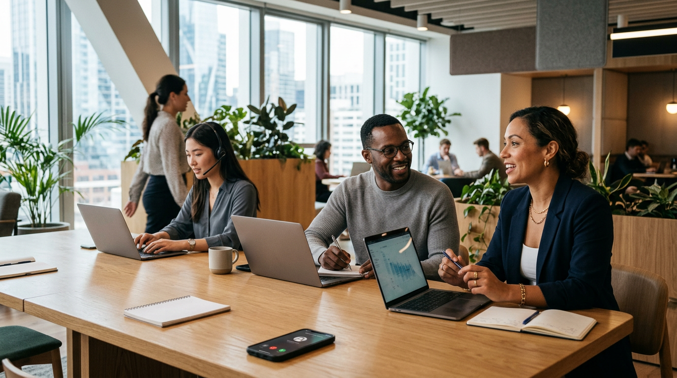 A friendly customer support representative wearing a headset and smiling while working on a laptop at a bright desk
