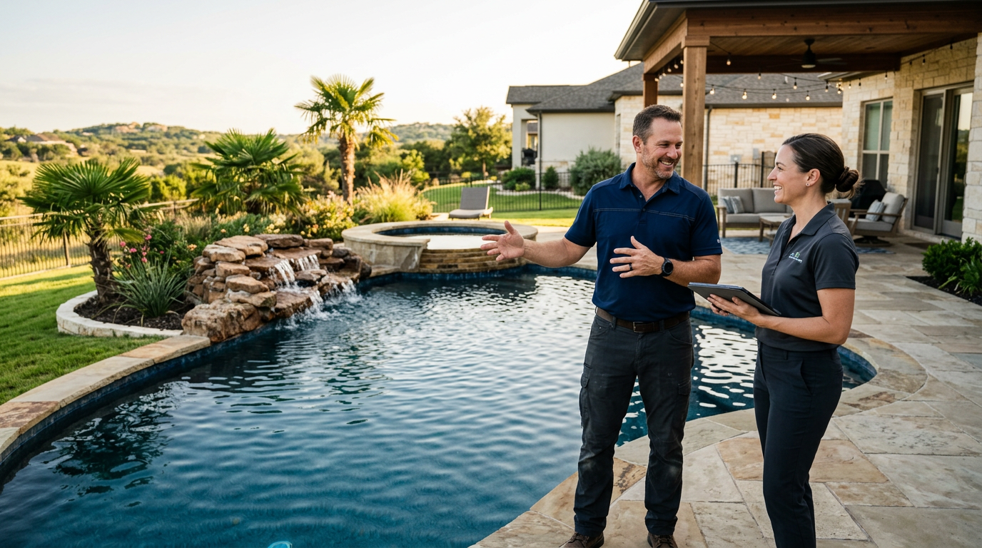 A luxury backyard swimming pool with crystal clear blue water surrounded by elegant stone tiling and lush green landscaping
