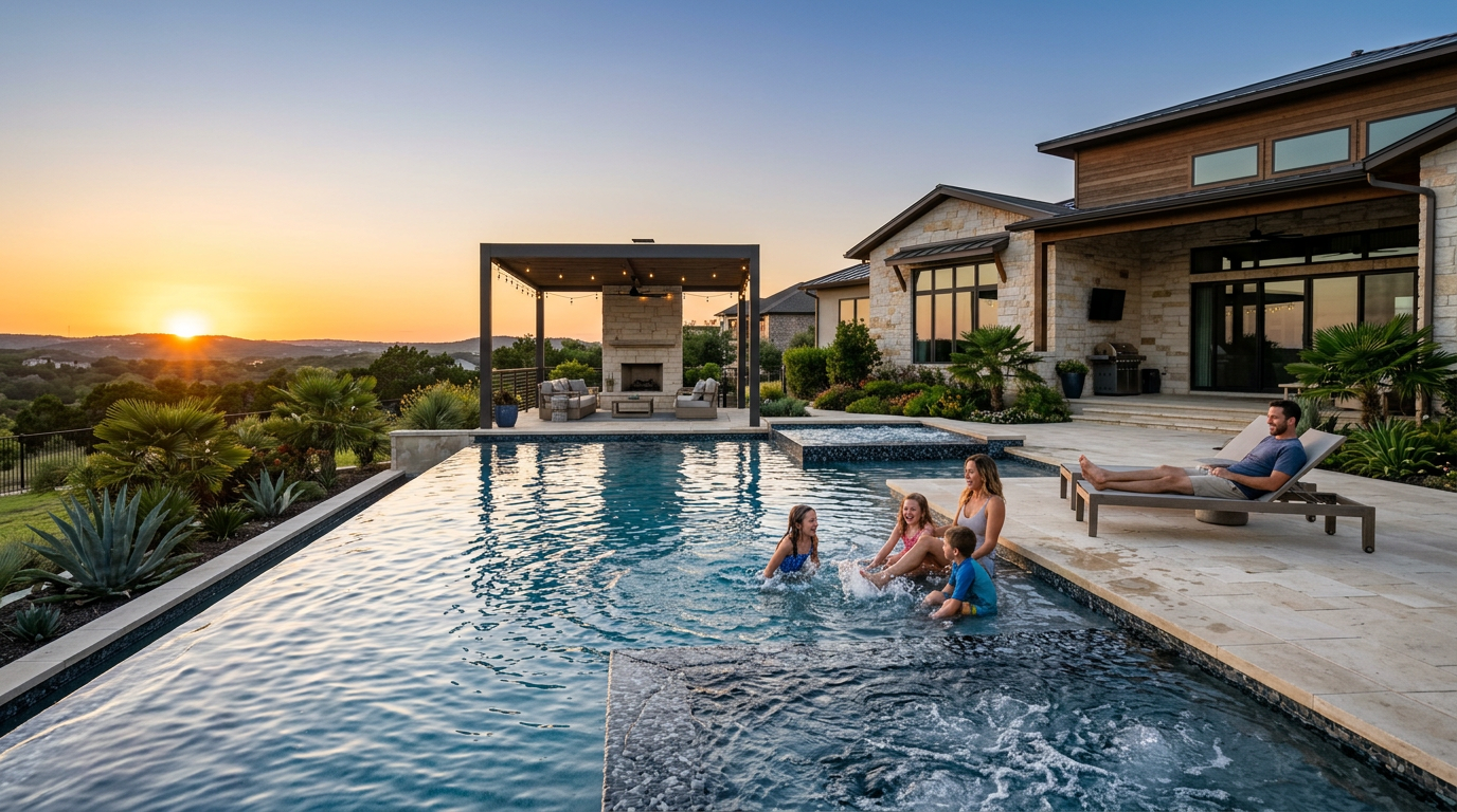 A modern geometric swimming pool with a stone waterfall feature and integrated spa surrounded by luxury lounge seating