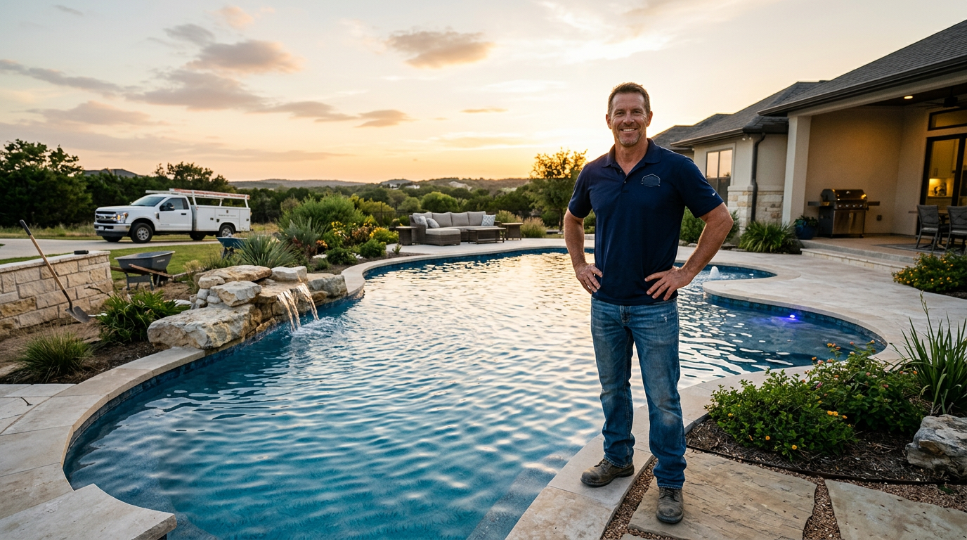 A luxury swimming pool with a stone waterfall and integrated spa under a clear sky in a landscaped backyard