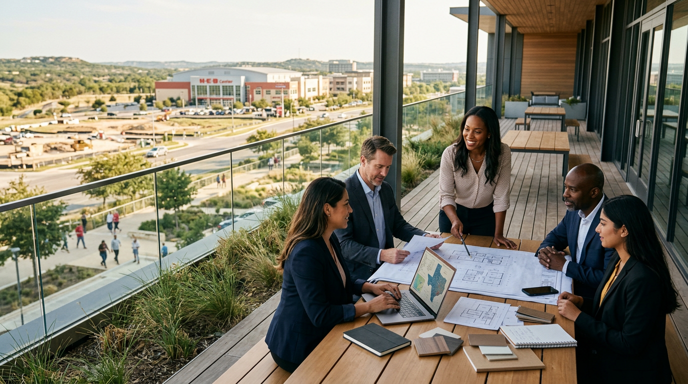 A diverse team of professionals collaborating around a laptop in a bright, modern office space