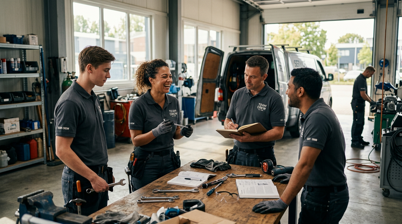 A professional consultant smiling while working on a laptop in a bright modern office environment