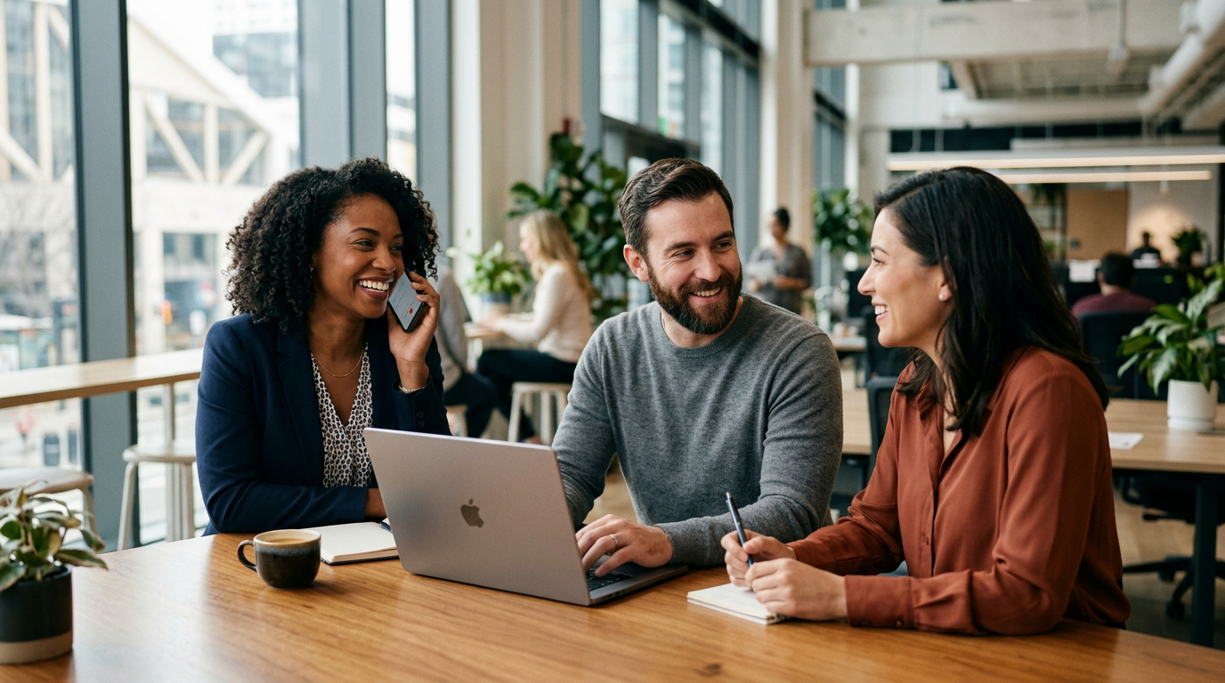 A professional workspace featuring a modern desk with a laptop, a notebook, and a smartphone next to a cup of coffee