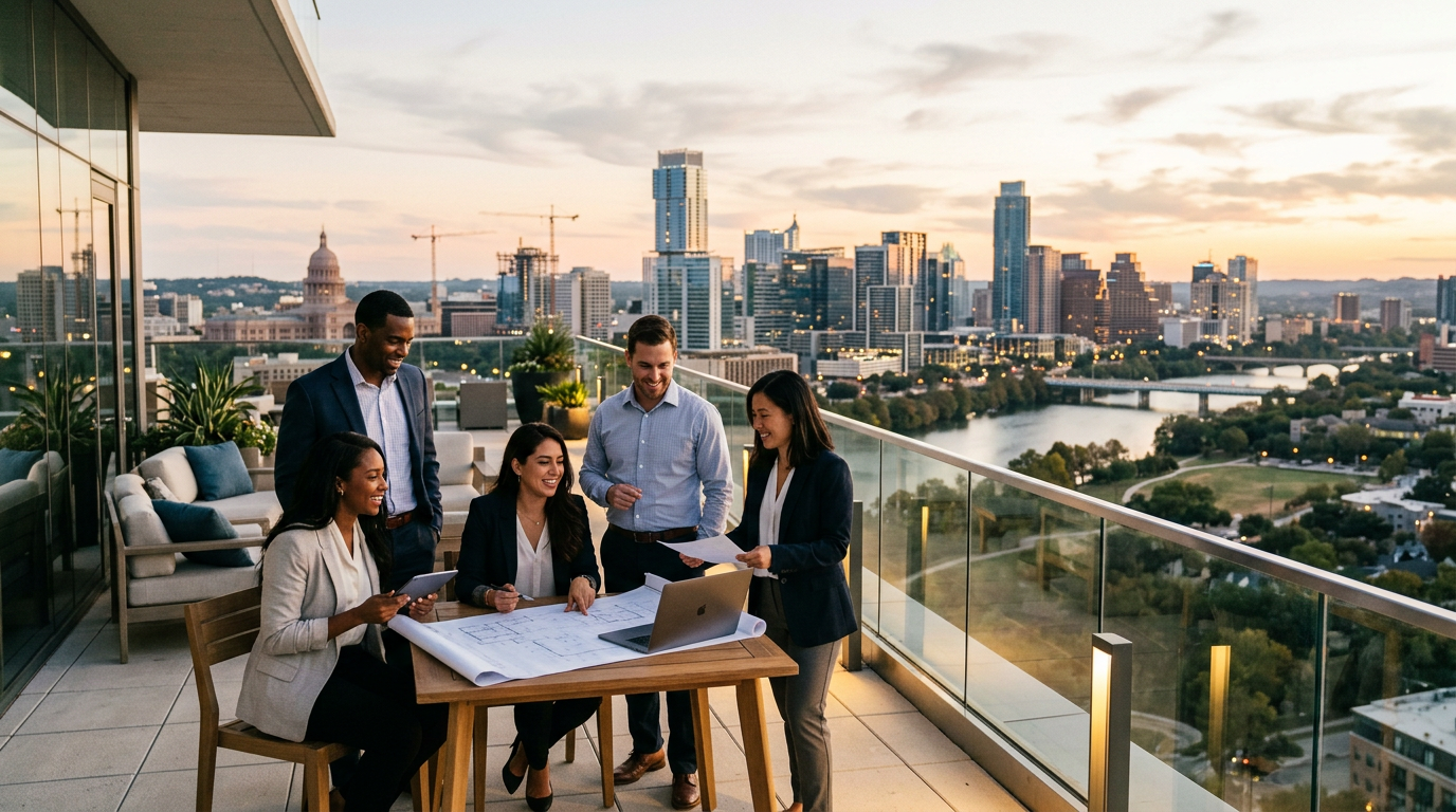 A close-up of two colleagues smiling while reviewing a digital tablet in a bright, modern office space