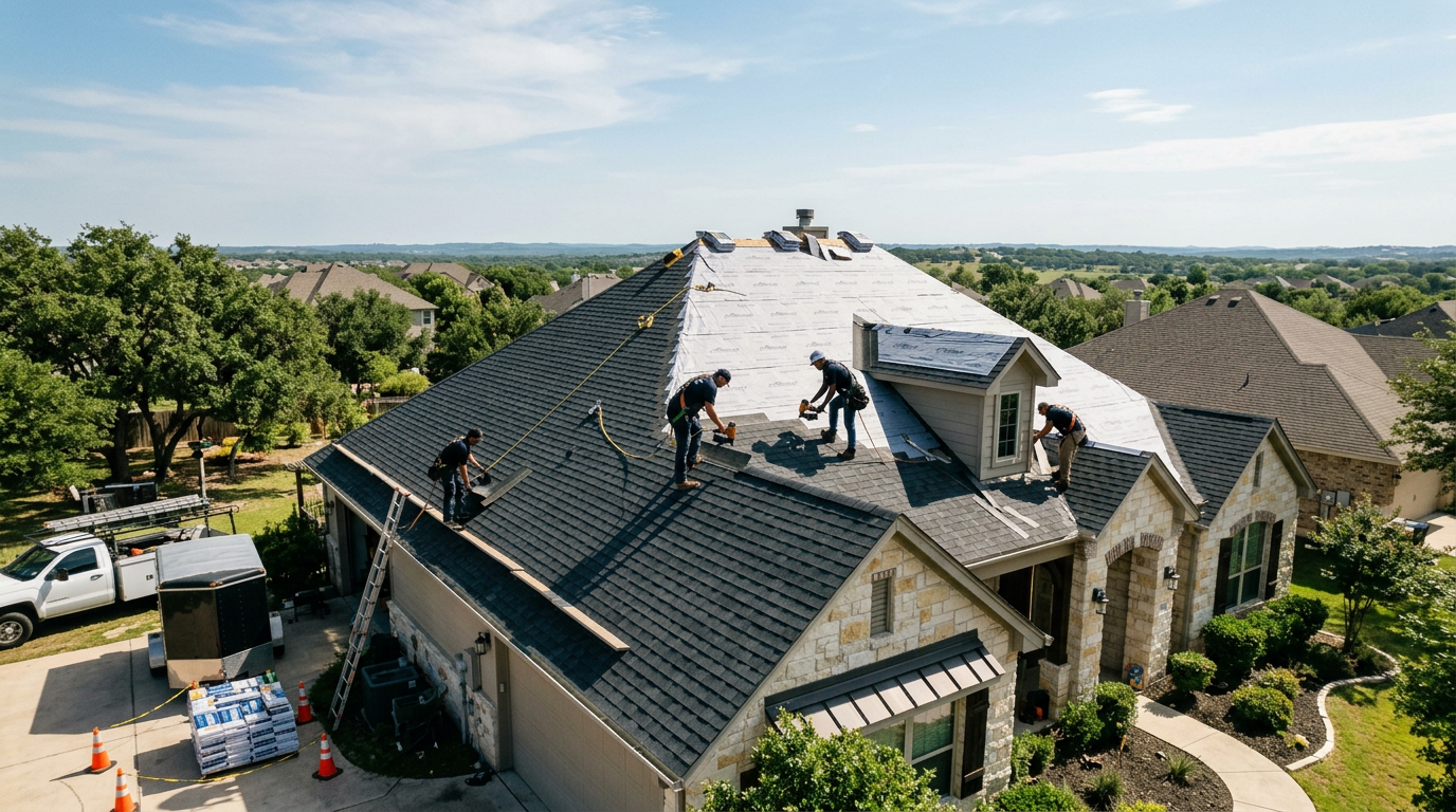 New charcoal gray asphalt shingle roof on a suburban house in Round Rock against a clear blue sky