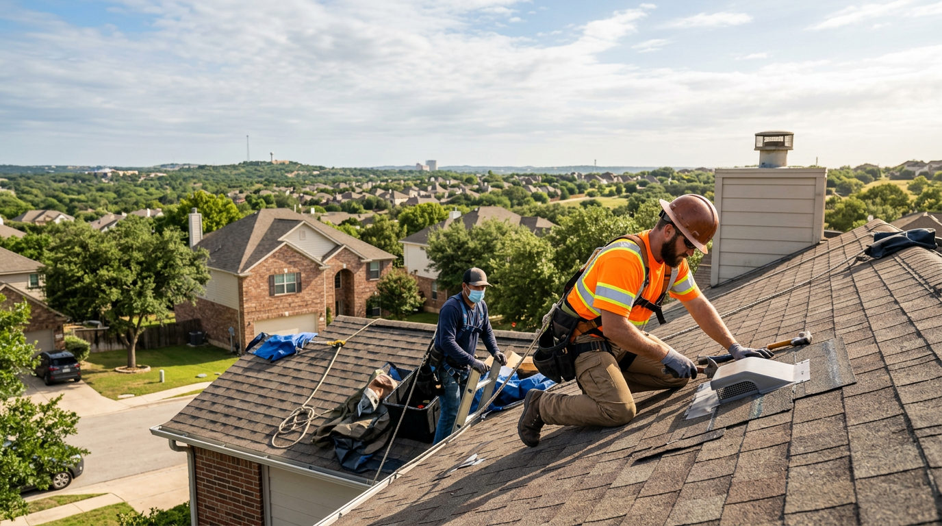 Contractor inspecting modern asphalt shingles on a suburban residential roof against a clear blue sky