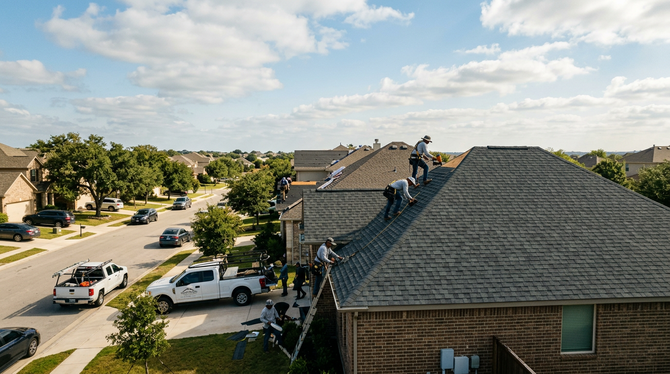 A high-angle view of a professional roofer installing new grey shingles on a residential suburban home roof