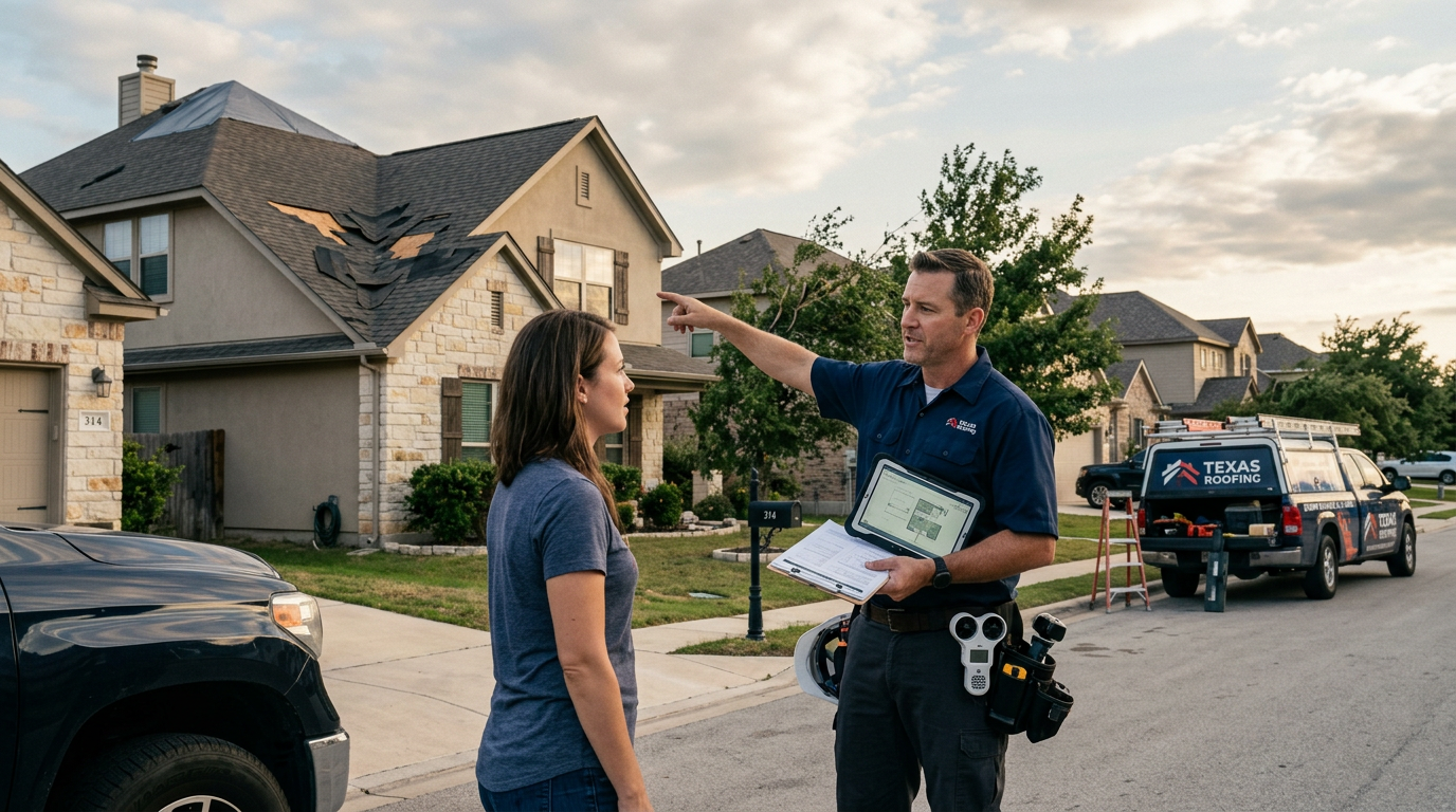 A residential home with severe hail damage to the roof shingles and broken siding against a cloudy sky