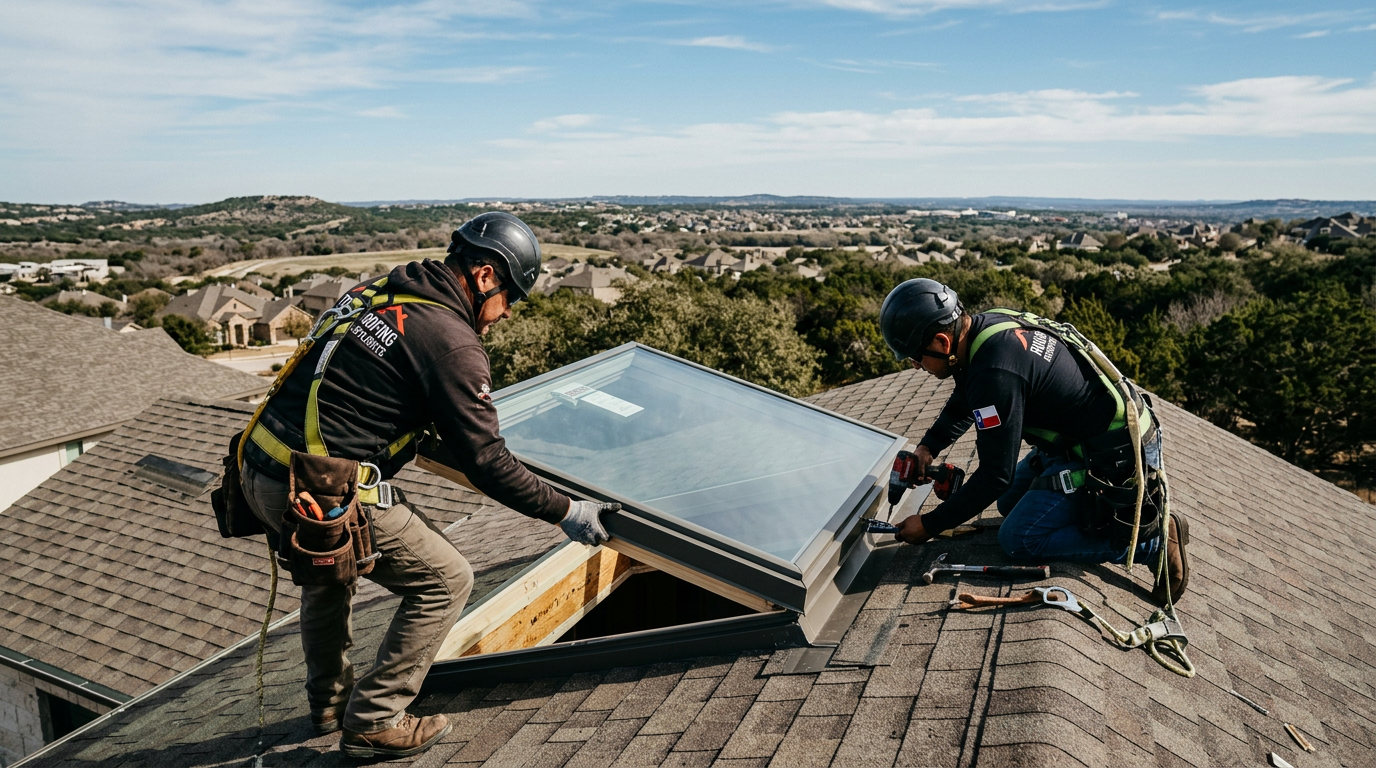 A professional roofer installing a glass skylight on a residential roof under a bright blue sky