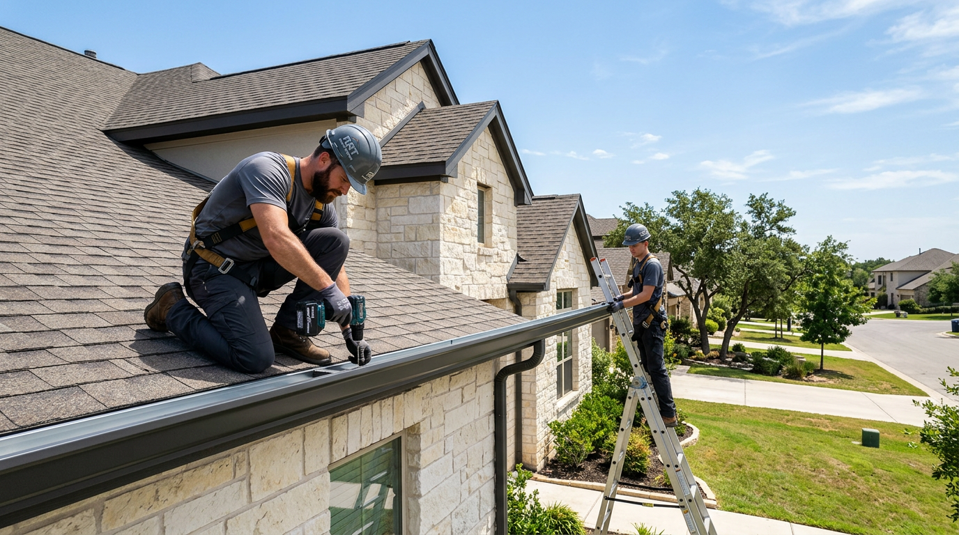 A professional contractor installing seamless aluminum gutters on a modern residential home in Round Rock